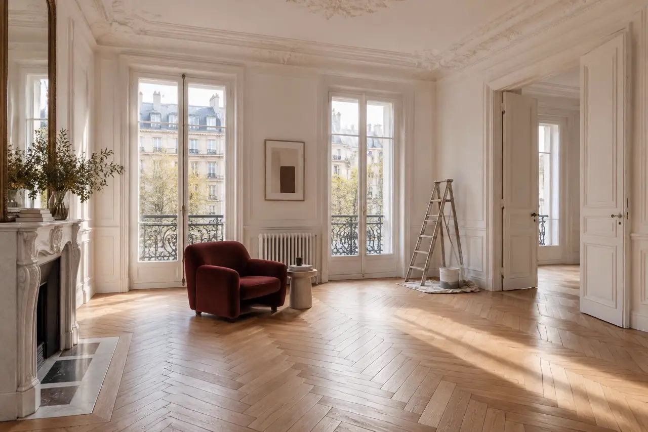 Intérieur ancien rénové, parquet et moulures, baigné de lumière